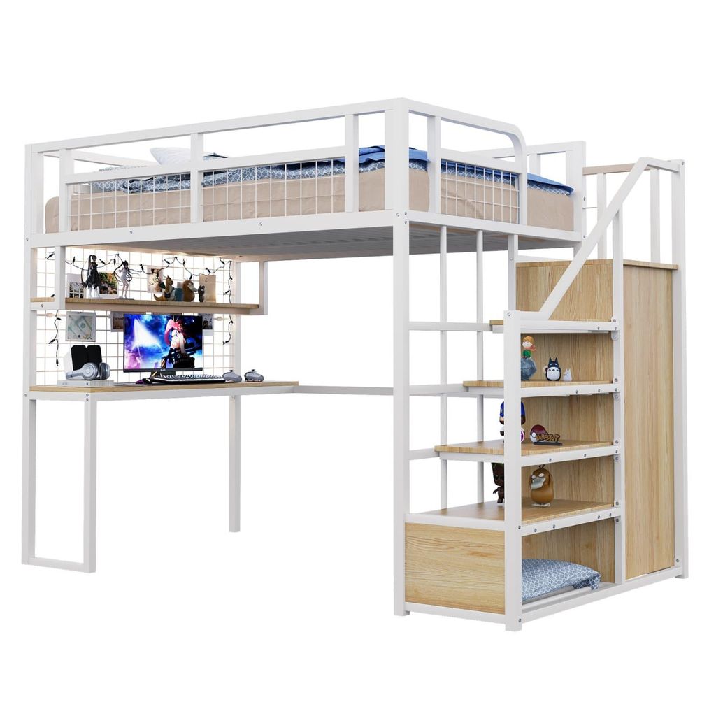 Metall-Hochbett 140 x 200 cm Mit Aufbewahrungsleiter und Einfachem Kleiderschrank, Mit Ablage, Tisch und Netzregal. Stabiler Metallrahmen, Hochbett