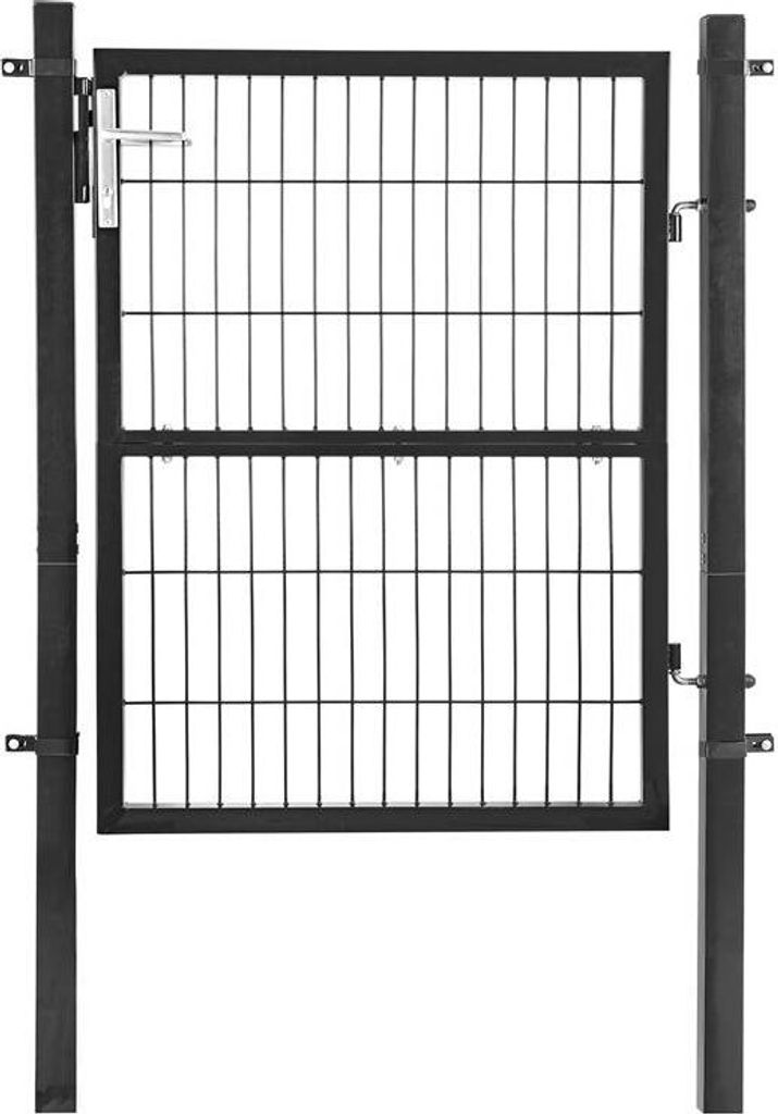 A black metal garden gate with a silver handle, shown in front of a white background.