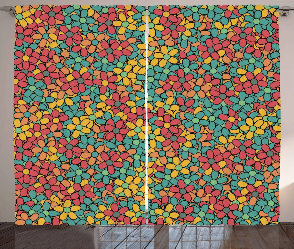 ABAKUHAUS Gerber Daisy Tenda rustica, doodle colorato retrò, tende universali per soggiorno con passanti e ganci, 280 x 245 cm, multicolore