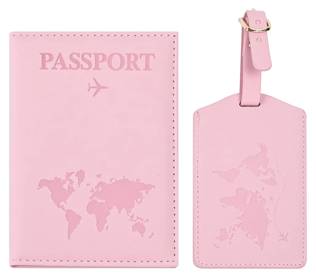 Étui pour passeport en cuir PU rose sakura avec étiquette de bagage