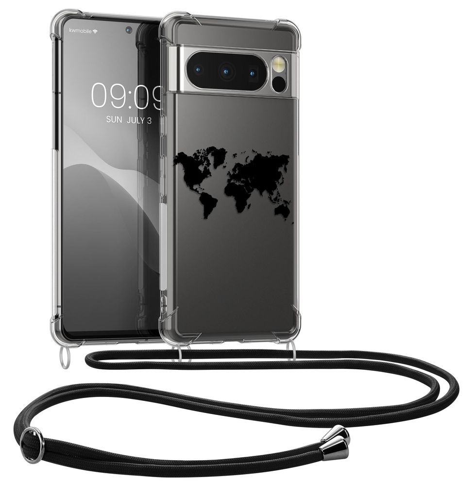 kwmobile Necklace Case kompatibel mit Google Pixel 8 Pro Hülle - Silikon Cover mit Handykette - Schwarz Transparent Travel Umriss