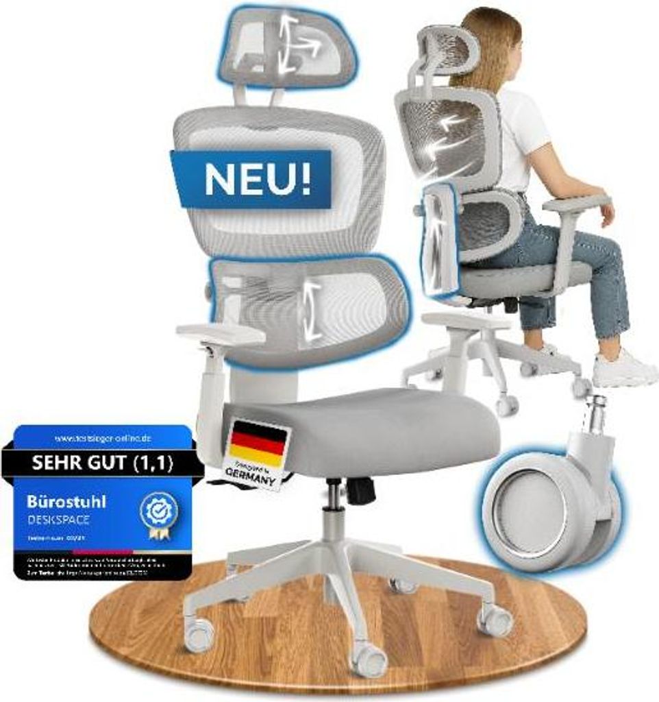 DESKSPACE Move Ergonomischer Bürostuhl - Höhenverstellbarer Drehstuhl 3-stufiger Neigung Schreibtischstuhl, Bürodrehstuhl 150 kg Grau