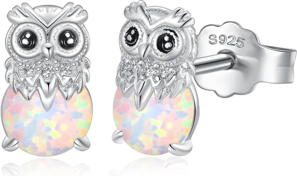 Puces d'oreilles Chouette Argent 925 et Opale Irisée pour Fillettes