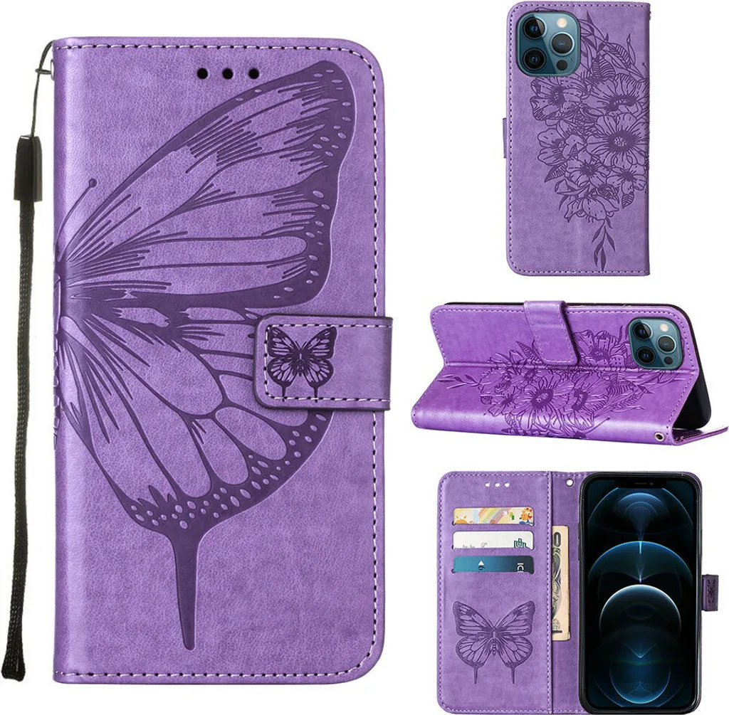 Protezione 360 iPhone 12 Pro Custodia Pelle Flip Viola Butterfly
