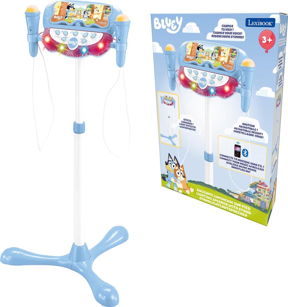 Bluey-Mikrofon auf verstellbarem, beleuchtetem Stativ mit Lautsprecher, 2 Mikrofone und Stimmeffekte, Bluetooth-Lautsprecher