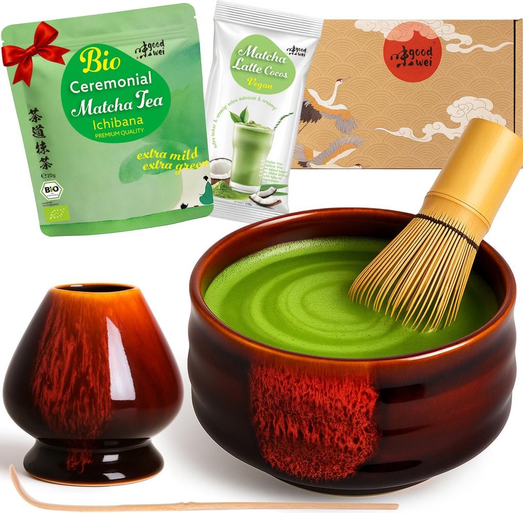 Matcha Teezeremonie Set "Akai" mit Schale, Besen, Besenhalter & Matchapulver + Cocos – edles Komplettset für Matcha-Genuss und Zeremonie