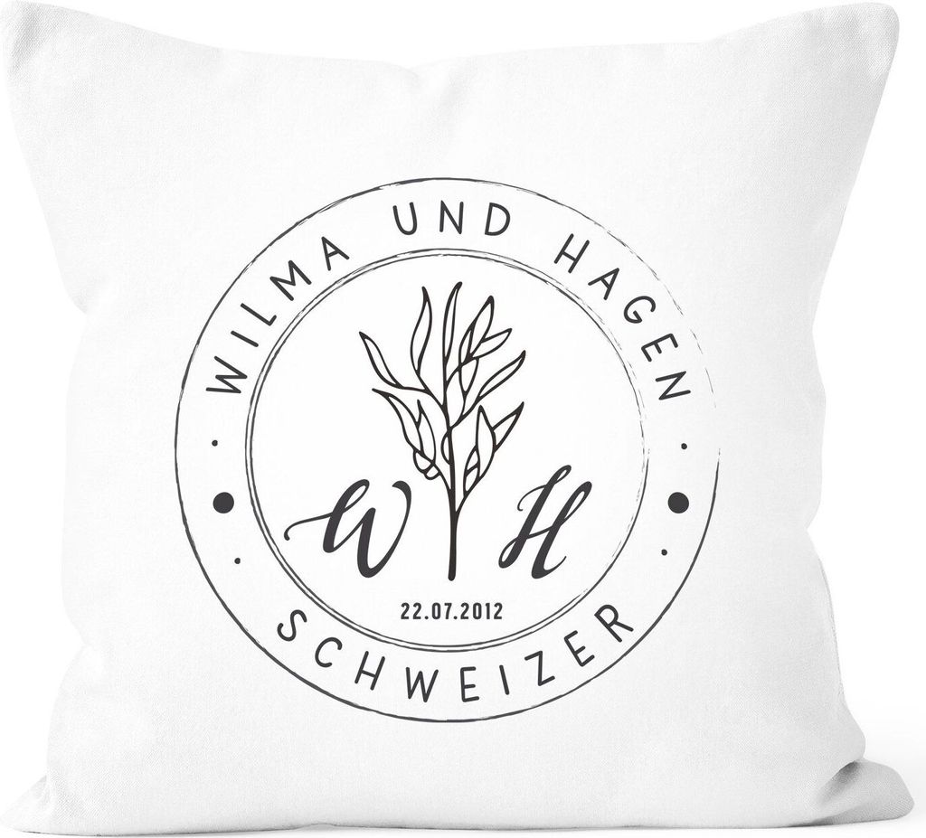 personalisierbare Kissen-Hülle zur Hochzeit mit Namen und Datum Stempel-Design Initialen Hochzeitsgeschenk SpecialMe weiß unisize