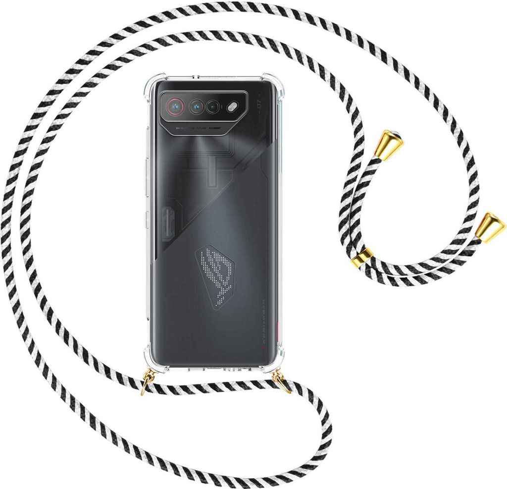 Handykette Backcover-Schutzhülle mit Band (Metall goldfarben) für Asus ROG Phone 7 (6.78'') - schwarz/weiß gestreift