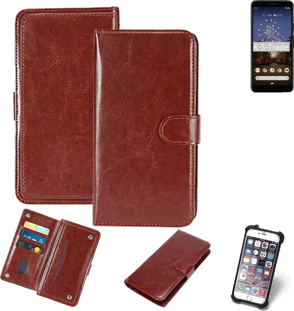 K-S-Trade 360° Hülle kompatibel mit Google Pixel 3a braun Kunstleder Case BookCase WalletCase Kunstlederederhülle Handyhülle, Rundumschutz Bumper