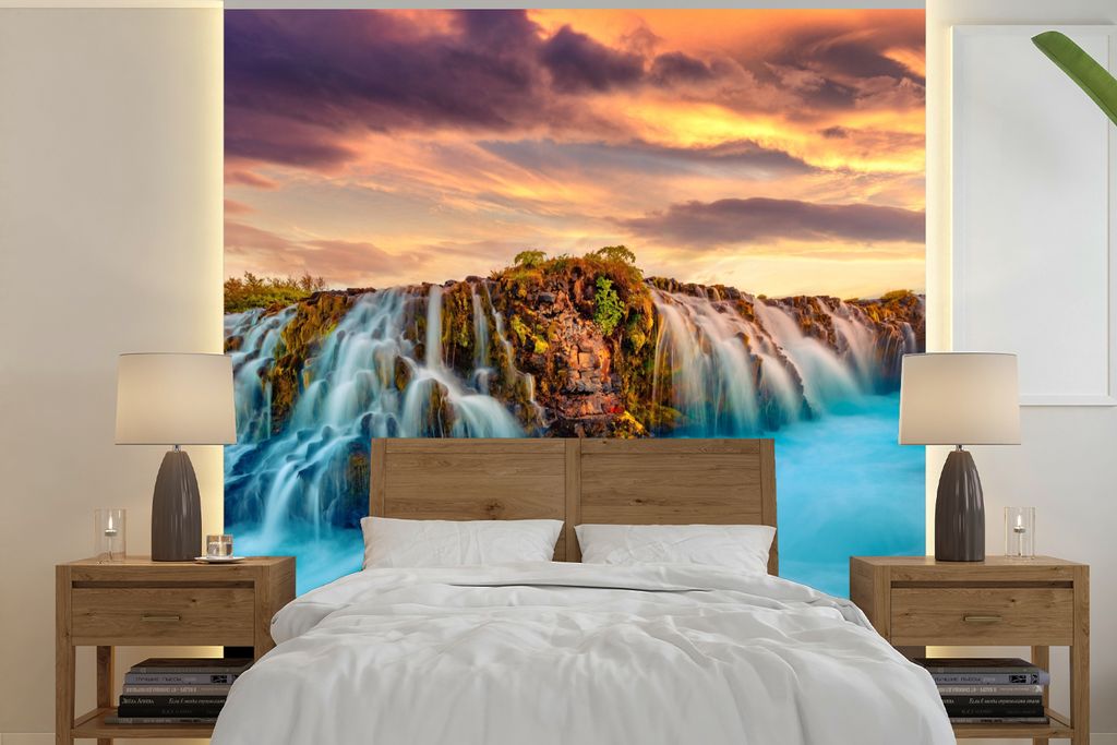 MuchoWow Fototapete für Wohnzimmer oder Schlafzimmer Wandtapete Vinyl Motivtapete Wasserfall - Landschaft - Wolken - Natur - 220x220 cm - Tapeten