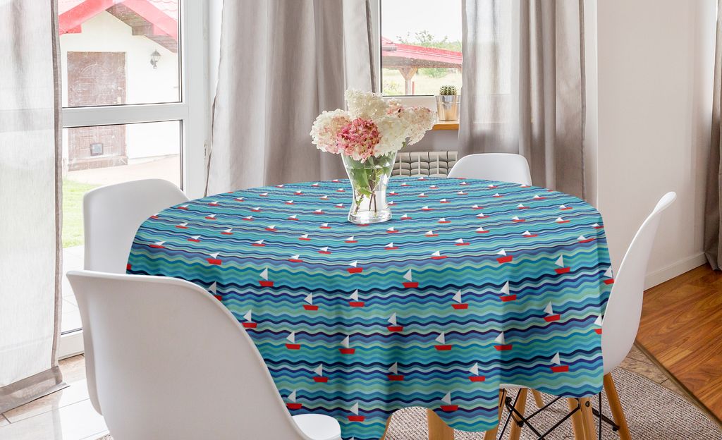 ABAKUHAUS Nautisch Runde Tischdecke, Boote auf abstrakte Wellen, Kreis Tischdecke Abdeckung für Esszimmer Küche Dekoration, 150 cm, Mehrfarbig