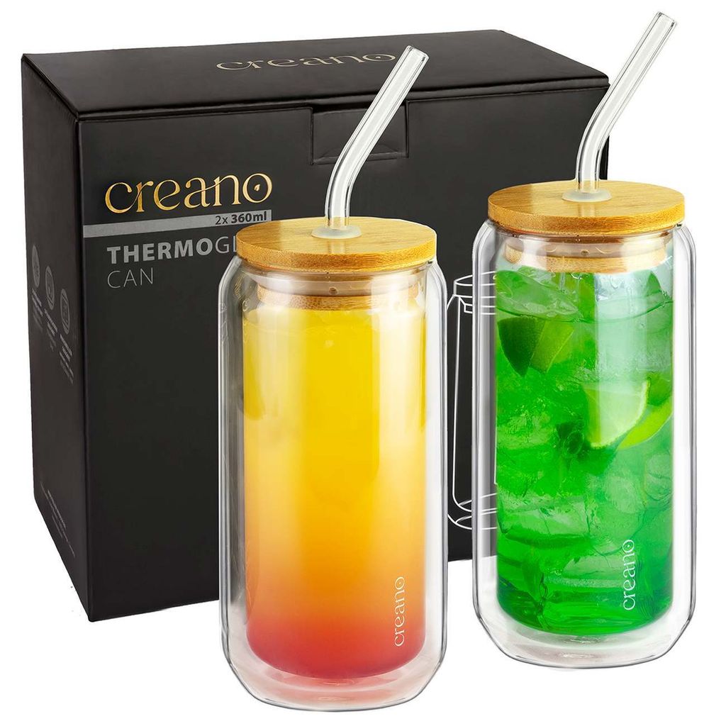 Creano doppelwandiges Trinkglas mit Bambusdeckel & Strohhalm 360ml - Smoothie Becher - Bubble Tea - Cocktailglas - 2er Set