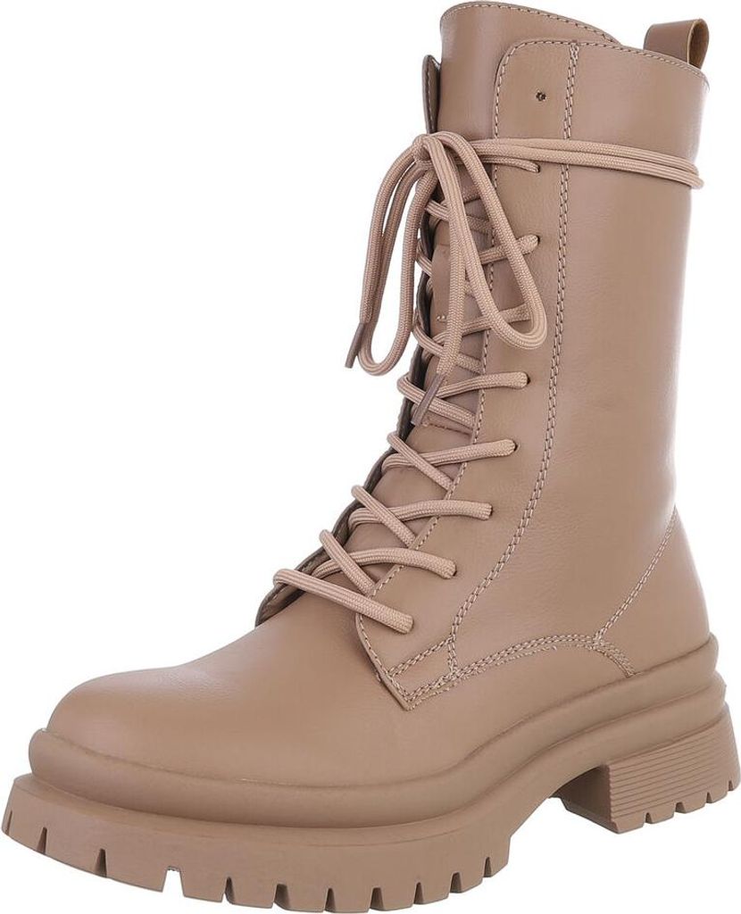 Ital-Design Damen Stiefeletten Plateaustiefeletten Schnürstiefeletten Lederoptik Flache Stiefeletten 90482771 Hellbraun Gr. 39