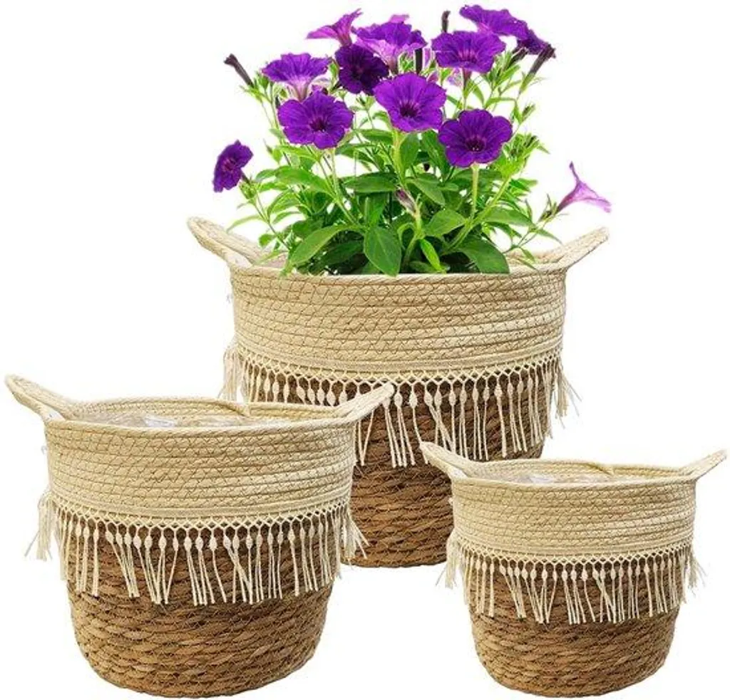 Panier à plantes d'intérieur tressé déco bohème pour salon lot 3