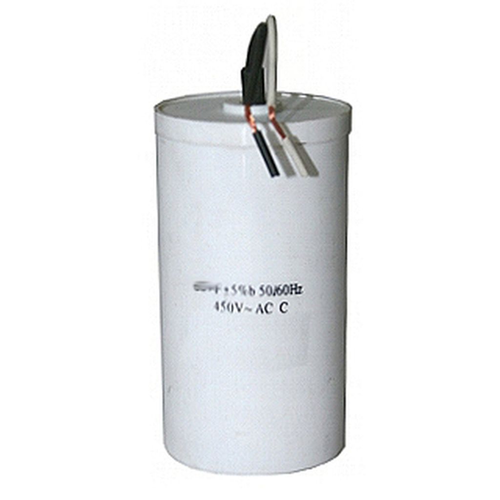 A white cylindrical capacitor with three wires protruding from the top.