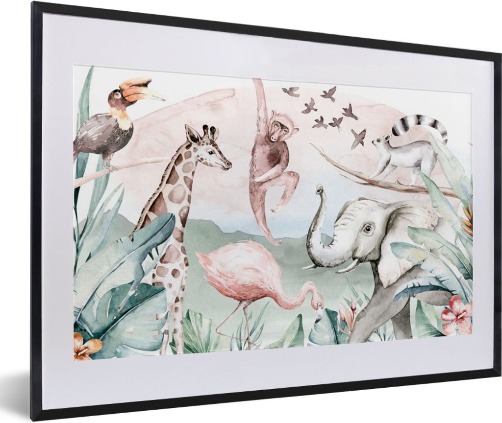 MuchoWow MuchoWow Gerahmtes Poster Dschungel - Tiere - Aquarell - Jungen - Mädchen - Kinder - Kinder 60x40 cm - Poster mit zchwarzem Bilderrah...