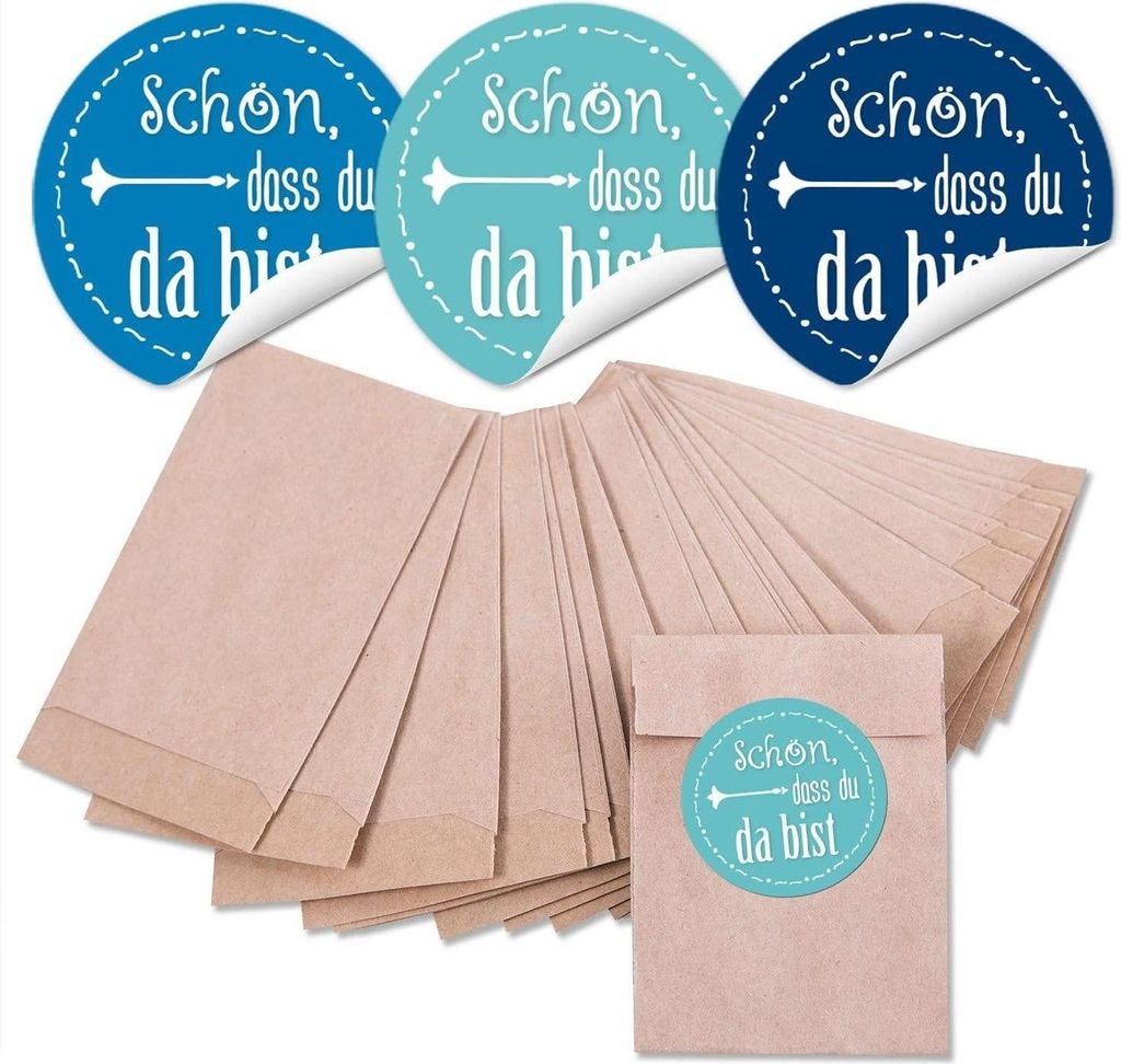 24 kleine braune MINI Papier-Tüten Geschenkbeutel (6,3 x 9,3 cm) und 24 runde Aufkleber 4 cm SCHÖN DASS DU DA BIST in 3 Rosa Pink Rose FarbenBlau...