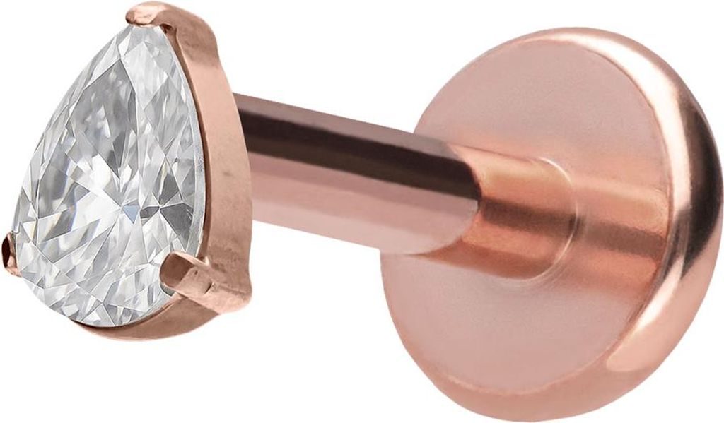 Ohrpiercing, Nasenpiercing Titan Labret mit Push Fit KRISTALLTROPFEN RoséGold Stablänge: 8mm | Stabstärke: 1,2mm | Discgröße: 4 x 6mm