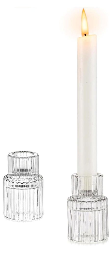 Kerzenhalter für Stabkerzen, Set von 2, Mini Kerzenständer aus Glas, Moderne Deko für Esstisch, Gerippte Kerzenständer für Wohnzimmer