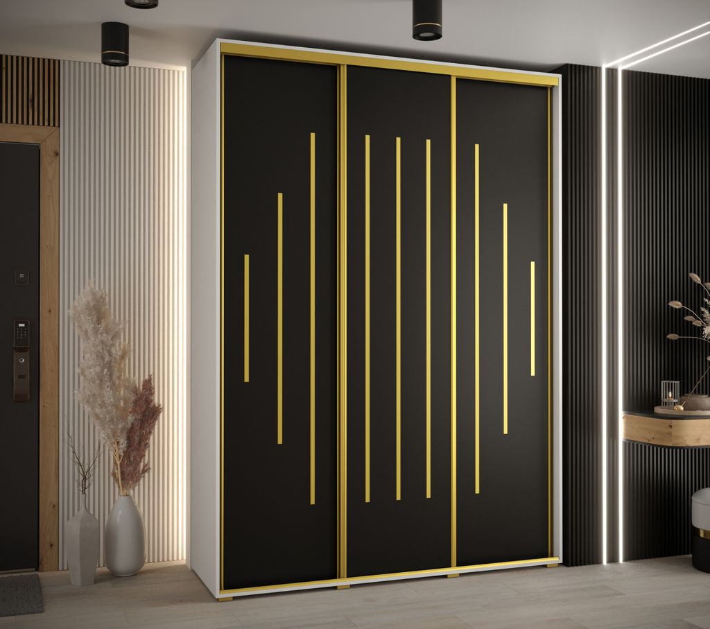 Kleiderschrank YVONA 12 – 180/45 cm, weiß/schwarz/gold