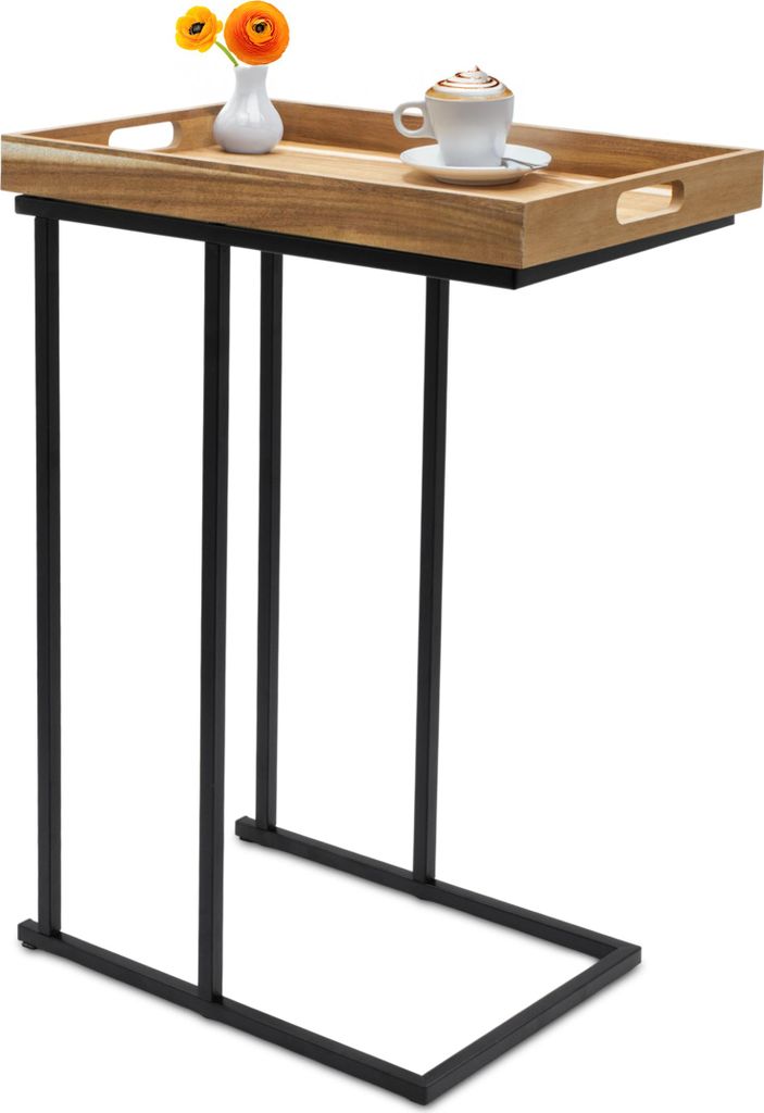 2.03 Sofa Beistelltisch in C-Form - ca. 45 x 28 x 60 cm - Deko Tisch in schwarz mit abnehmbarem Holz Tablett