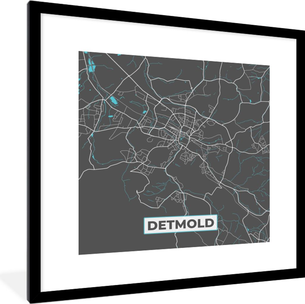 MuchoWow Gerahmtes Poster Stadtplan - Detmold - Deutschland - Karte 40x40 cm - Poster mit Schwarzem Bilderrahmen Wandposter Rahmen Foto Bilder - ...