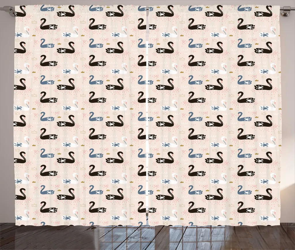 ABAKUHAUS Swans Tenda rustica, uccello acquatico bianco e nero, tenda con passanti e ganci per camera da letto, 280 x 245 cm, pesca chiaro multicolore