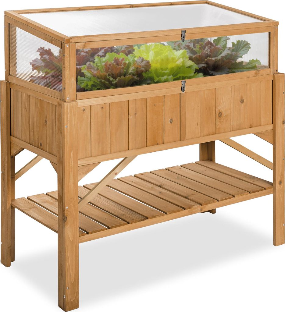 tectake® Hochbeet aus Holz, mit Ablage und Frühbeet-Aufsatz Produktbild 