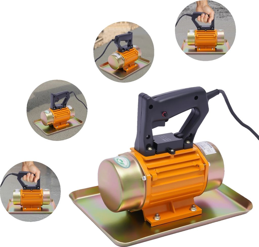 A collage of images showing a concrete vibrator from different angles and in use.