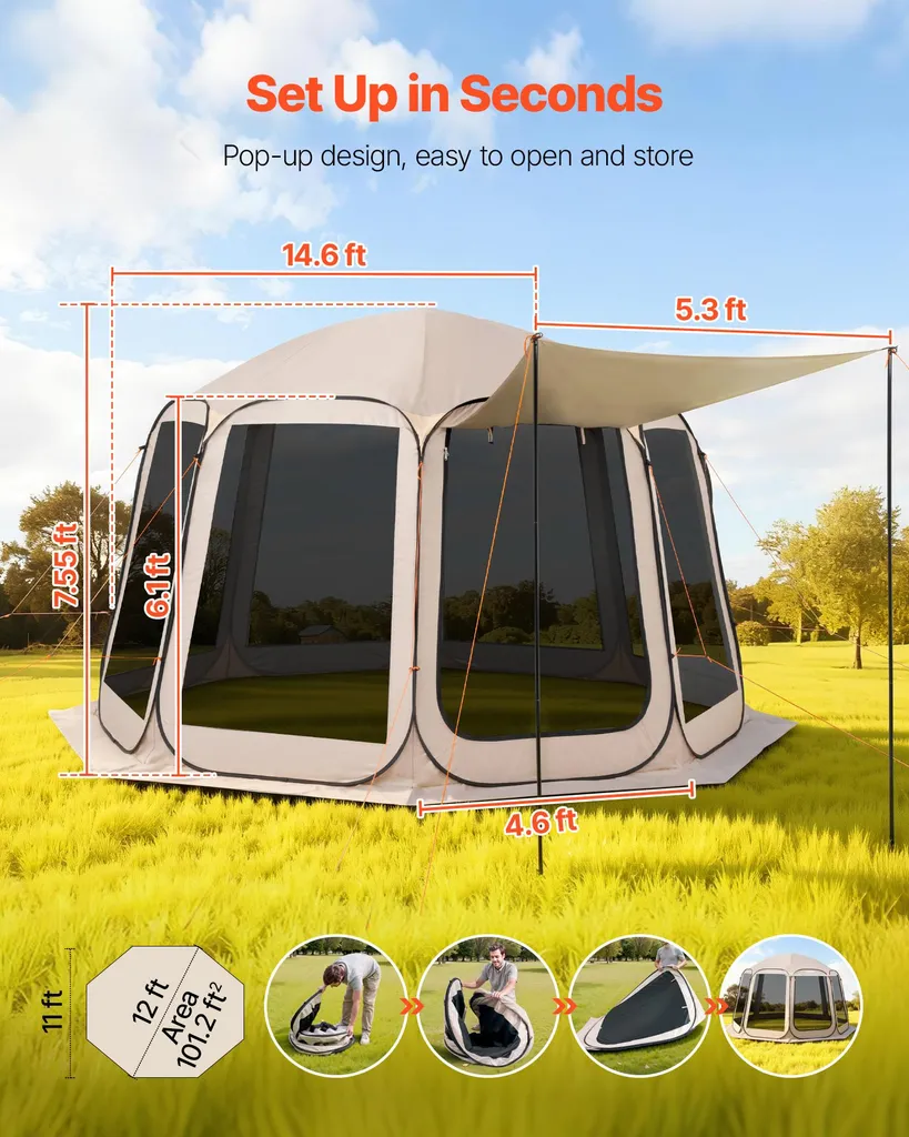 Tenda da campeggio VEVOR, 365,76x335,28x230 cm, tenda pop-up con tenda estensibile, tenda per feste per 10-12 persone, inclusa borsa per il trasporto e pareti laterali in rete, per patio e attività all'aperto, beige - 2