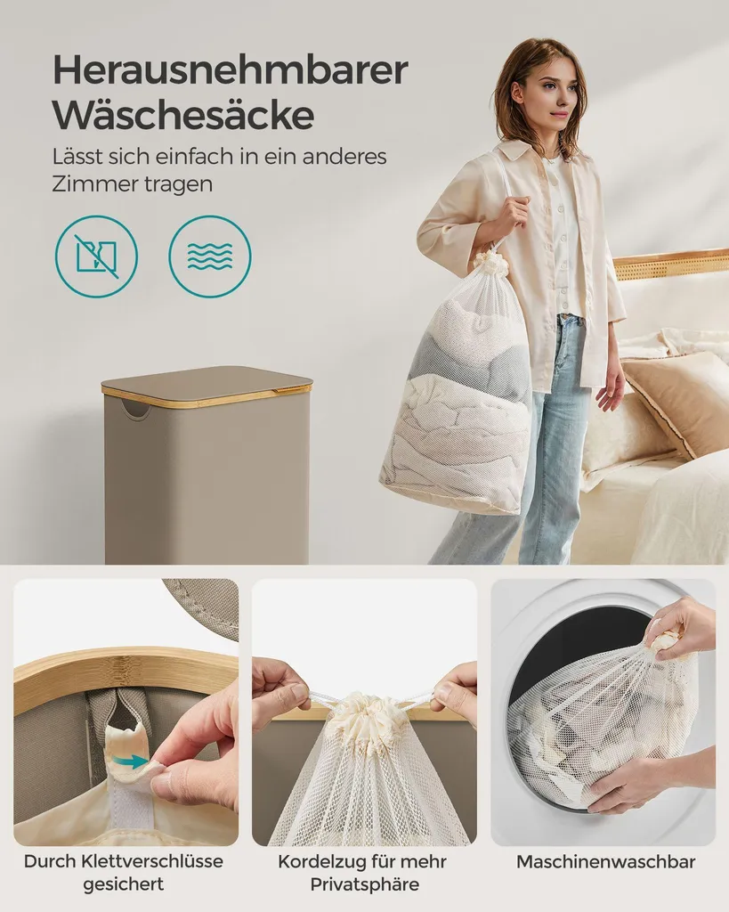 Panier Linge 90L Brun Camel - Sac Lavable, Structure Pliable Durable - 5