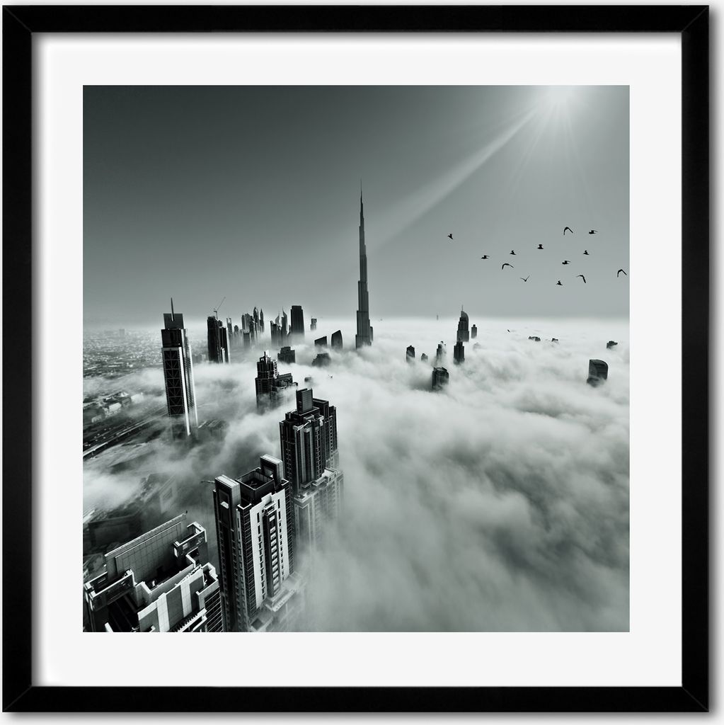 Bild - 50 cm x 50 cm - MDF - Rahmen, Wandkunst - Nebel über Dubai