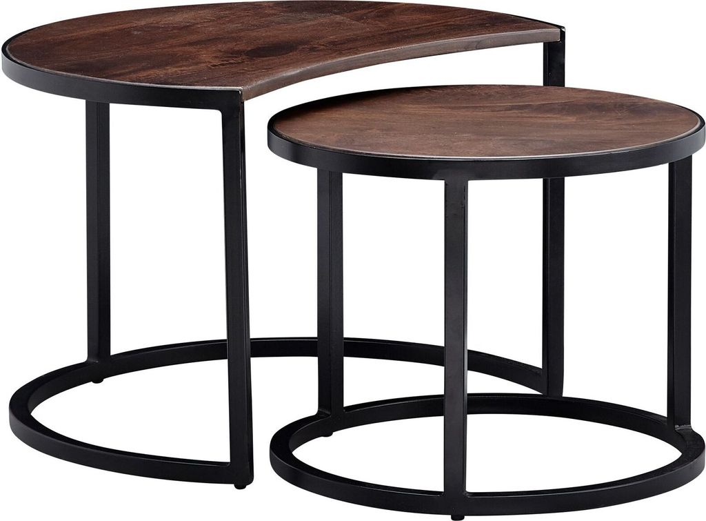 Couchtisch 2er Set Mango Massivholz / Metall Wohnzimmertisch Rund | Industrial Beistelltisch mit Metallbeine Schwarz | Tischset 2-teilig Satztisch ...