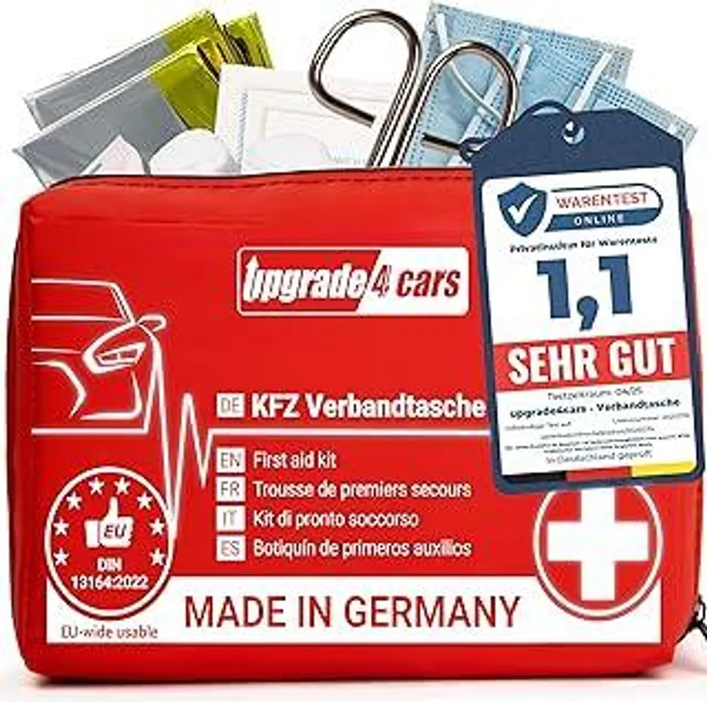 Upgrade4cars Kit di pronto soccorso per auto Germany | Kit di pronto soccorso 2026 conforme alla norma DIN 13164 vigente in tutta Europa | Borsa di pronto soccorso adatta anche per la casa e i viaggi
