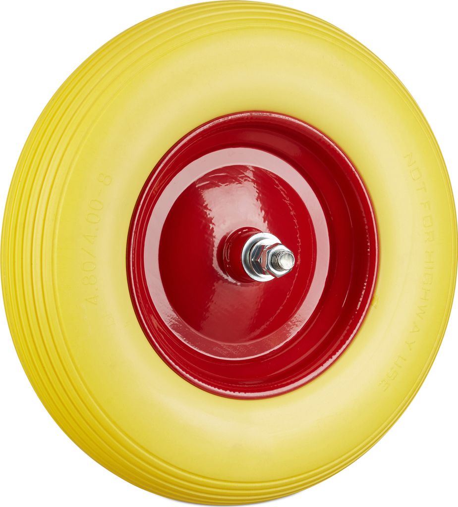 2 x Schubkarrenrad Vollgummi mit Achse, 4.80 4.00-8 PU Gummirad, pannensicher, 100 kg Tragkraft Ersatzrad, gelb-rot