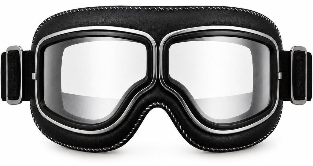 Paar schwarze Retro-Motorradbrillen mit klaren Gläsern und genähtem Lederrahmen, verstellbar