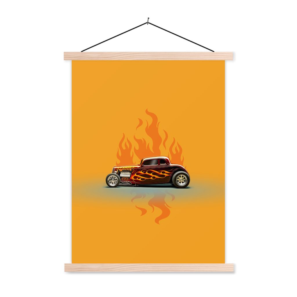 MuchoWow Textilposter Auto - Flammen - Rot - Vintage 40x53 cm mit holzfarbenen Rahmen - Schlafzimmer