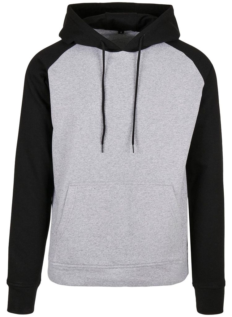 Build Your Brand - Kapuzenpullover für Herren Raglanärmel LT4791 (4XL) (Grau meliert/Schwarz)