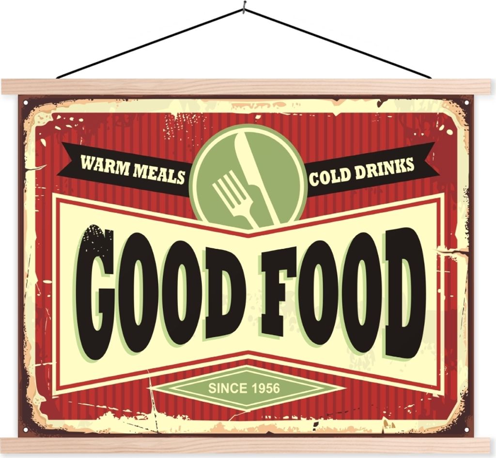 MuchoWow Textilposter Essen - Jahrgang - Restaurant - Zeichnung 150x113 cm mit holzfarbenen Rahmen - Poster