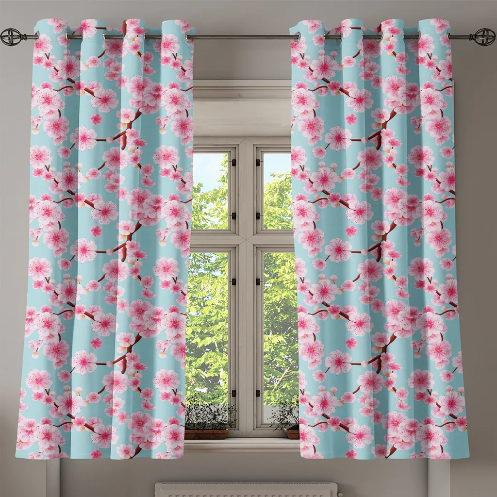 ABAKUHAUS Rideau à œillets Fleurs de cerisier 280x175 cm Bleu et Rose - 2