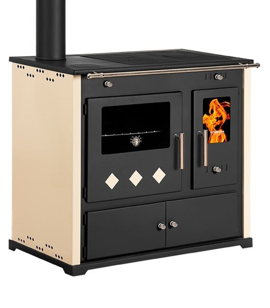 A freestanding wood-burning stove with an oven and stovetop.