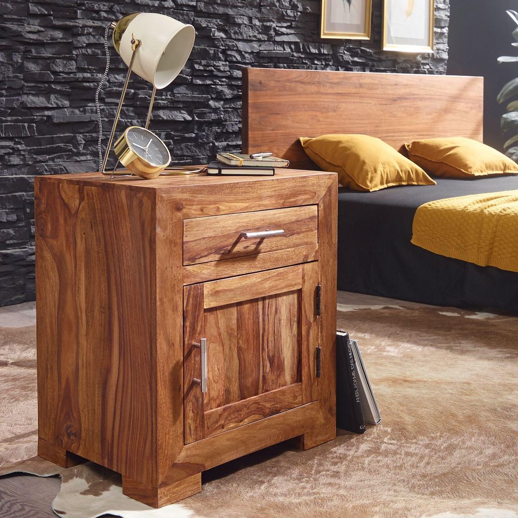 FineBuy Table de chevet en bois massif de Sheesham - Table Image du produit 