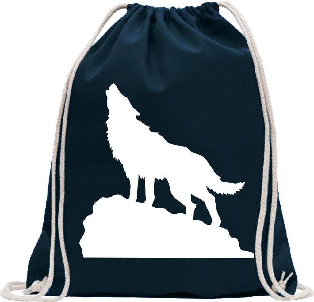 Kiwistar - Turnbeutel - dunkelblau - heulender Wolf auf Fels - Fun Rucksack Sport Beutel Gymsack Baumwolle mit Ziehgurt