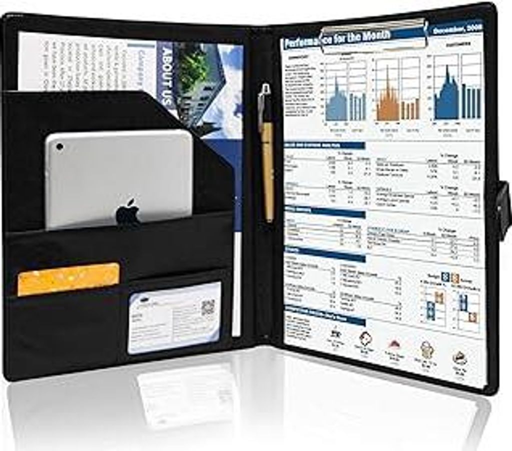 GraduatePro Schreibmappe A4 Klemmbrett Mappe mit Magnetischer Verschluss, organizer büro mappe, Schwarz Ordner, Dokumentenmappe für Unternehmen