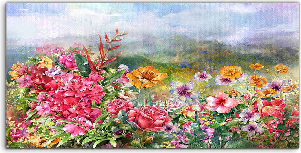 Coloray Spritzschutz aus Glas 140x70 Wandkunst Küchenrückwand Landschaft mit bunte Blumen Aquarell