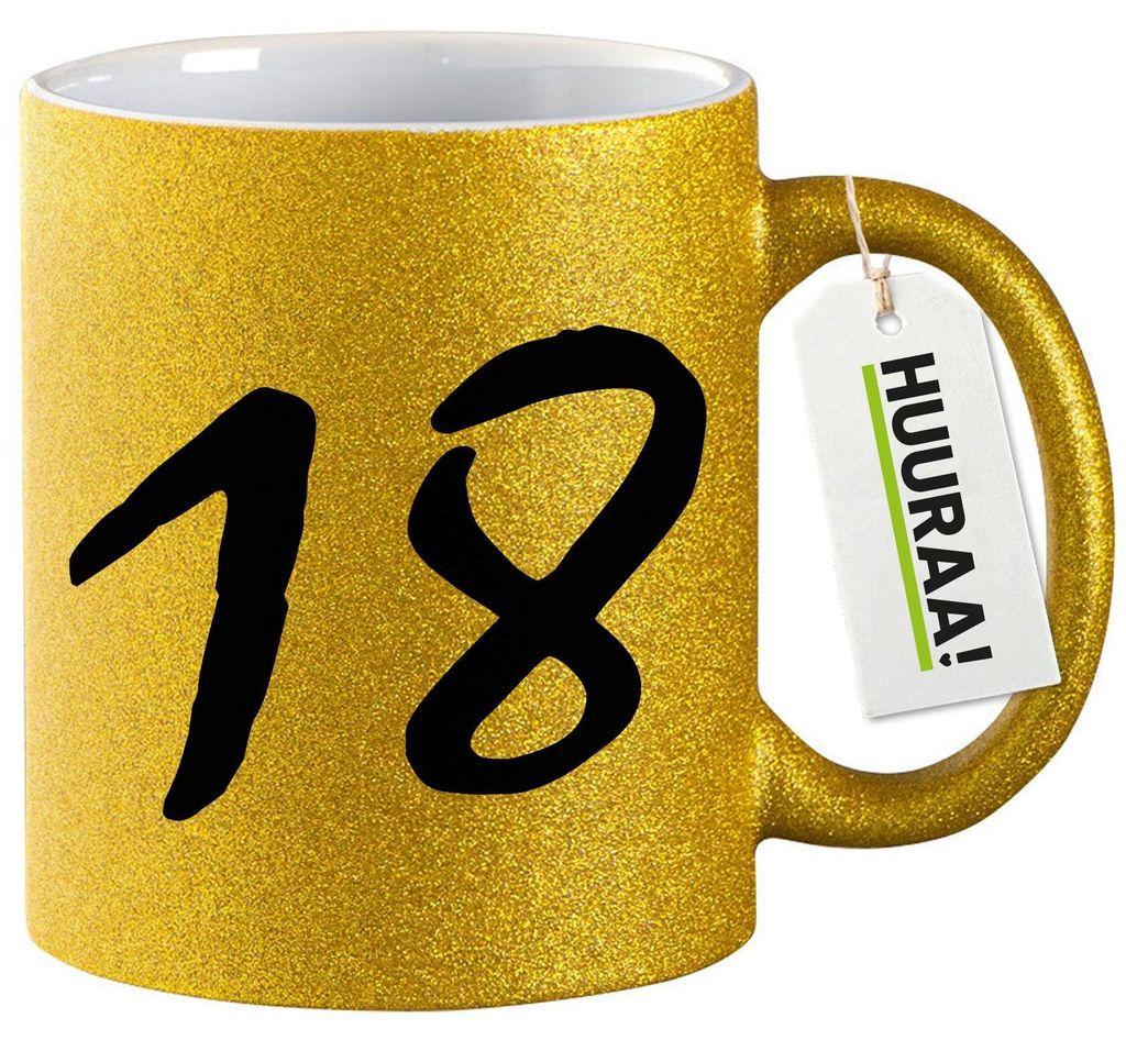 Huuraa Glitzertasse 18 Geburtstag 330ml Gold Keramik Kaffeebecher Geschenkidee