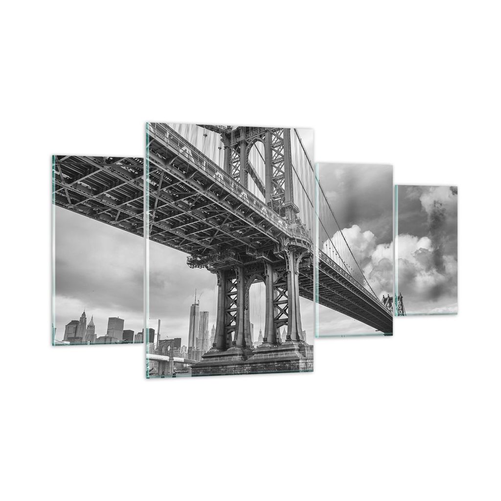 Bilder auf glas - 4 Teile - Manhattan Brücke Schwarzweiß - 160x90cm - Glasbilder - Wandbilder - Bilder - Wanddekoration aus Glas - Glas Bilder - ...