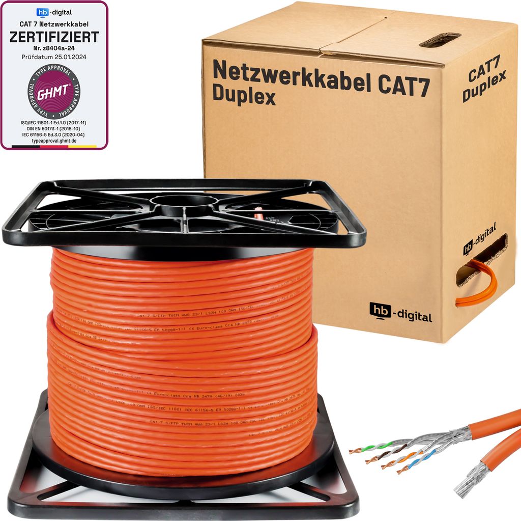 hb-digital CAT 7 Verlegekabel Duplex Ethernet 100m Datenkabel Installationskabel S/FTP AWG23 LSZH orange