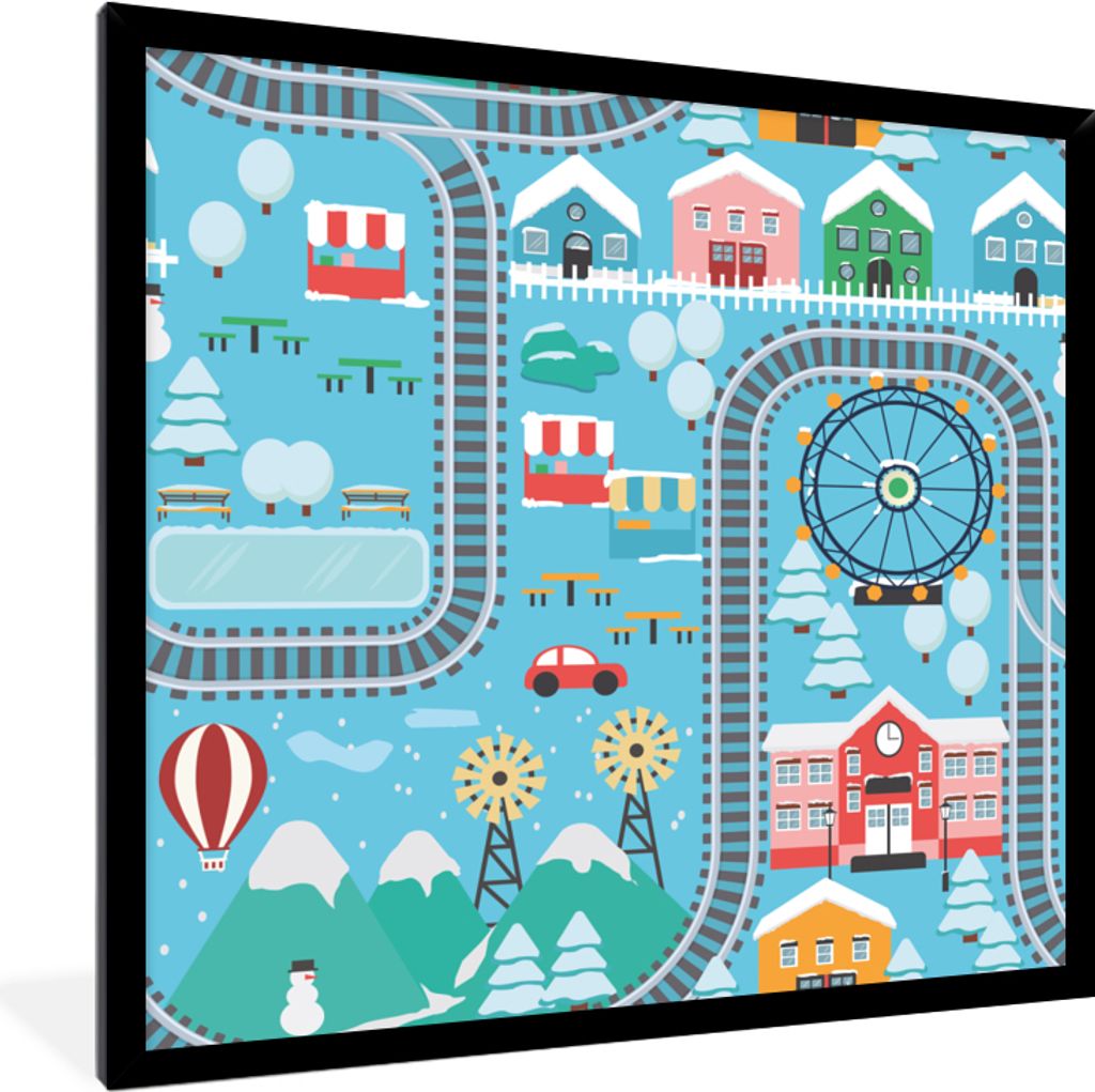 MuchoWow Gerahmtes Poster Winter - Zug - Schnee - Blau 40x40 cm - Poster mit Schwarzem Bilderrahmen Wandposter Rahmen Foto Bilder - Mit Rahmen - ...