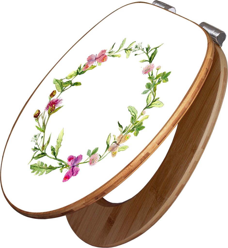 banjado Design WC Sitz Bambus Absenkautomatik -Aquarell Blumenring - Toilettendeckel mit Absenkautomatik Holz/hochwertiger Bambus Klodeckel/WC-Sitz...